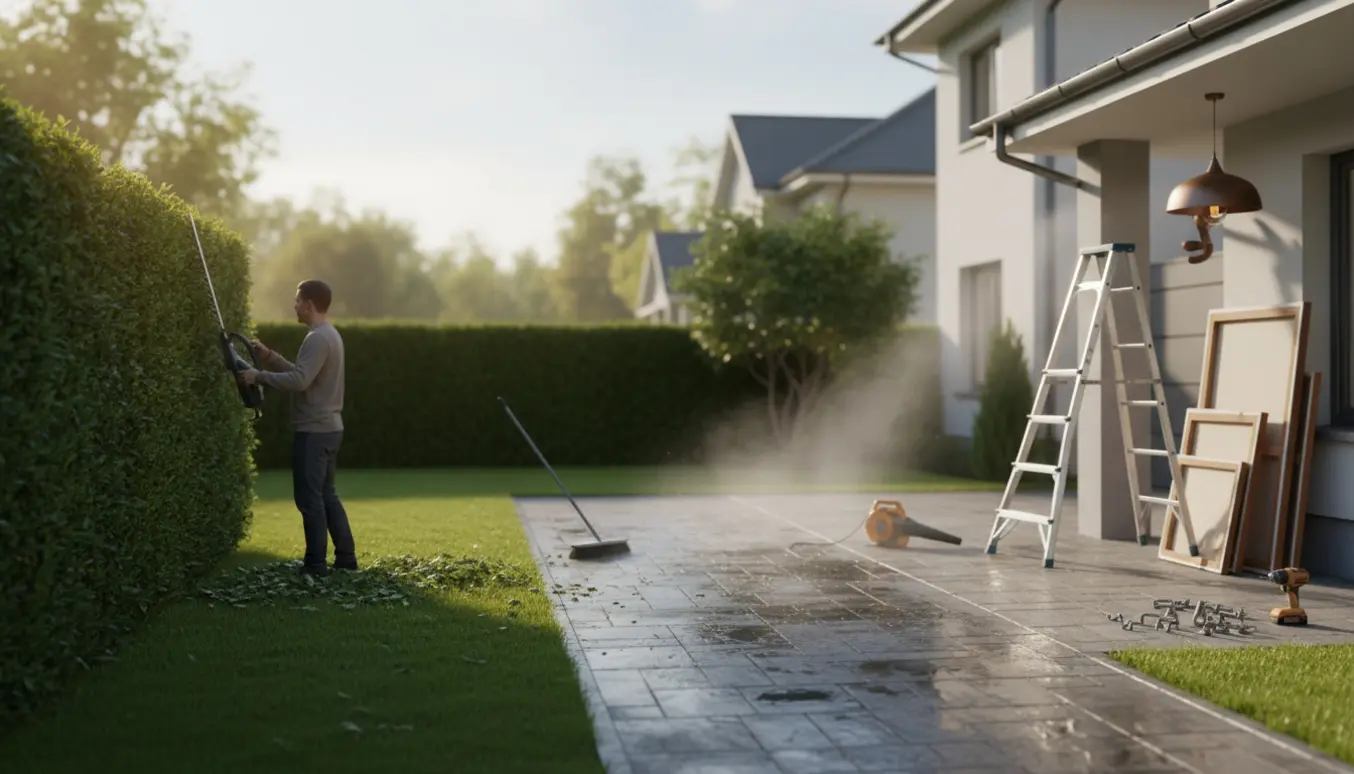 Fronthave med hækkeklipning, renset indkørsel og en stige hvor en lampe og billeder er ved at blive hængt op.