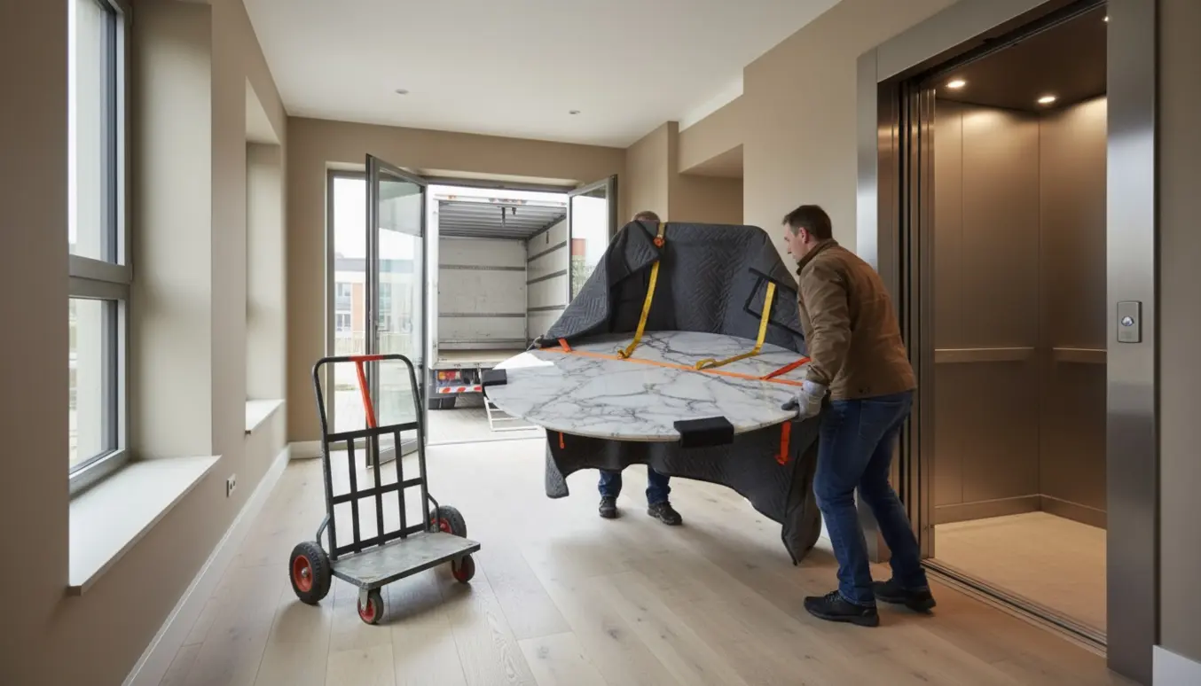 To flyttemænd løfter et pakket marmorbord ind i en elevator i en moderne opgang.