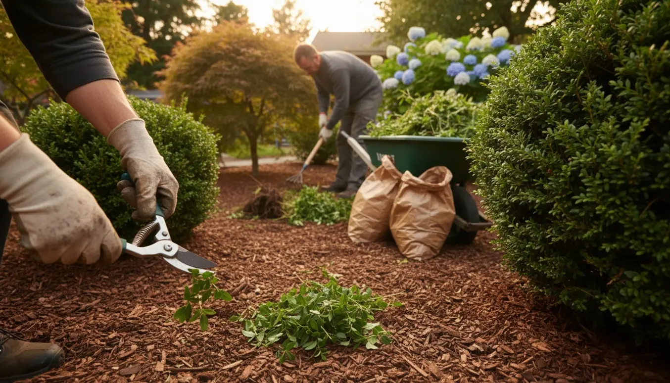 Hands-on havearbejde med buskeklipning og ukrudtsfjernelse i en træflisbelagt have med trillebør og værktøj.
