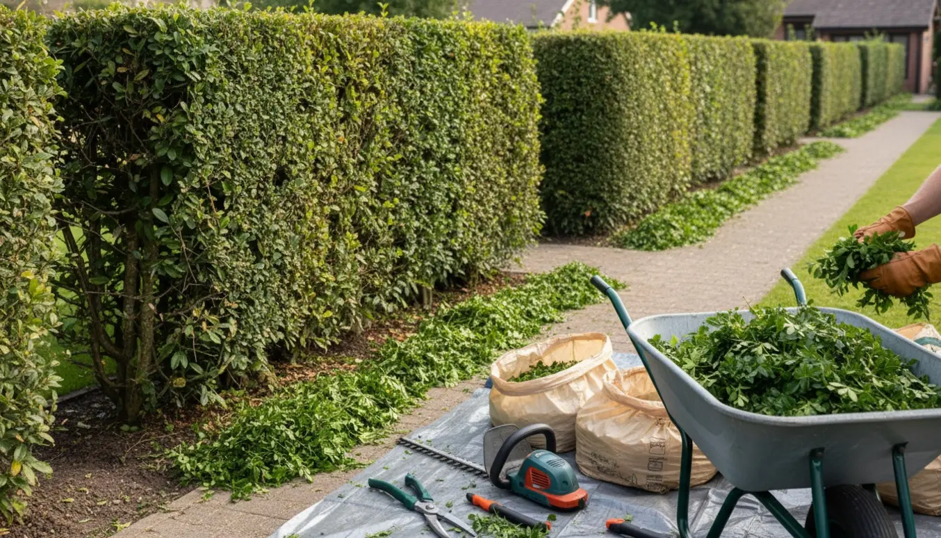 To-sidet klippet ligusterhæk med haveredskaber og en skubvogn fyldt med afklip klar til fjernelse.
