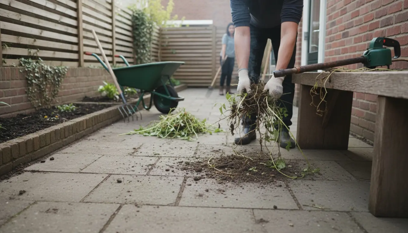 Handsker og værktøj fjerner ukrudt mellem fliser i en baggård ved naturligt morgenlys.