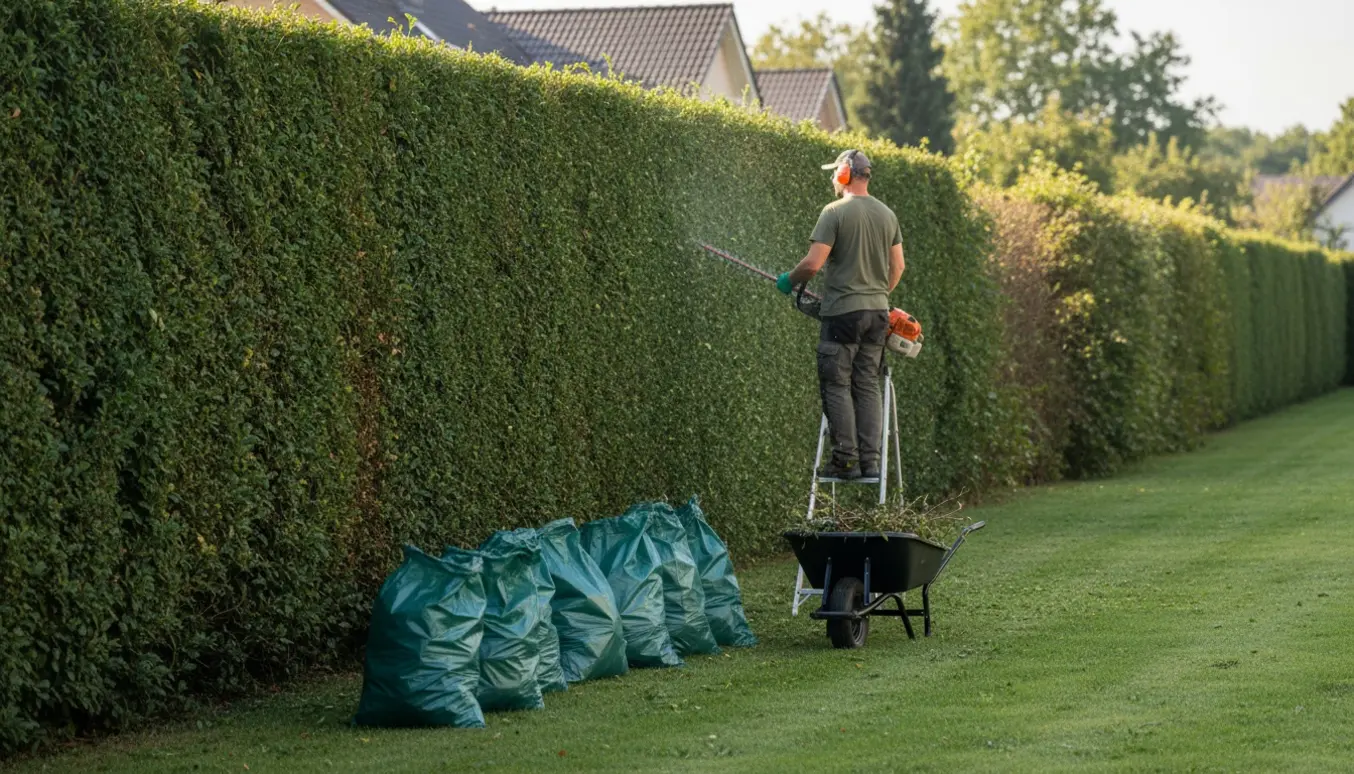 En havearbejder trimmer en høj hæk, mens afklip er samlet i flere sække langs græsset.