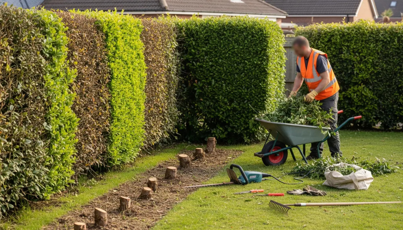 En person trimmer og fjerner hække i haven med redskaber og en trillebør fyldt med grene.