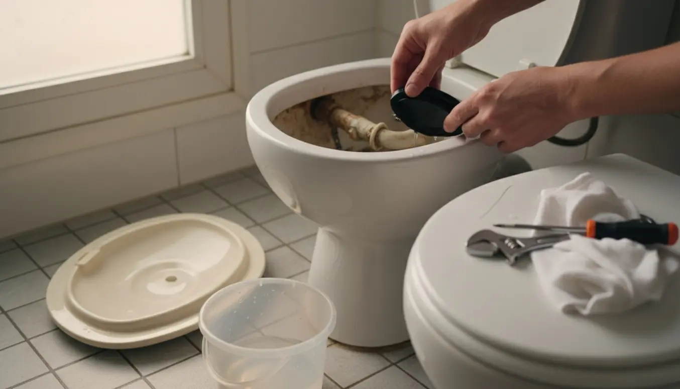 Hænder reparerer en gammel toiletcisterne med værktøj og en ny gummiflap.