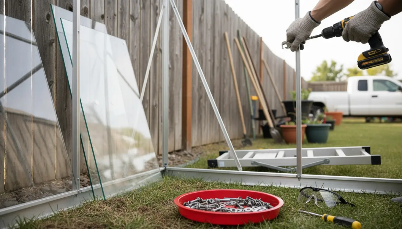 Nedtagning af et lille drivhus med plexiglasruder og metalramme i en baghave, værktøj og paneler er stablet klar til fjernelse.