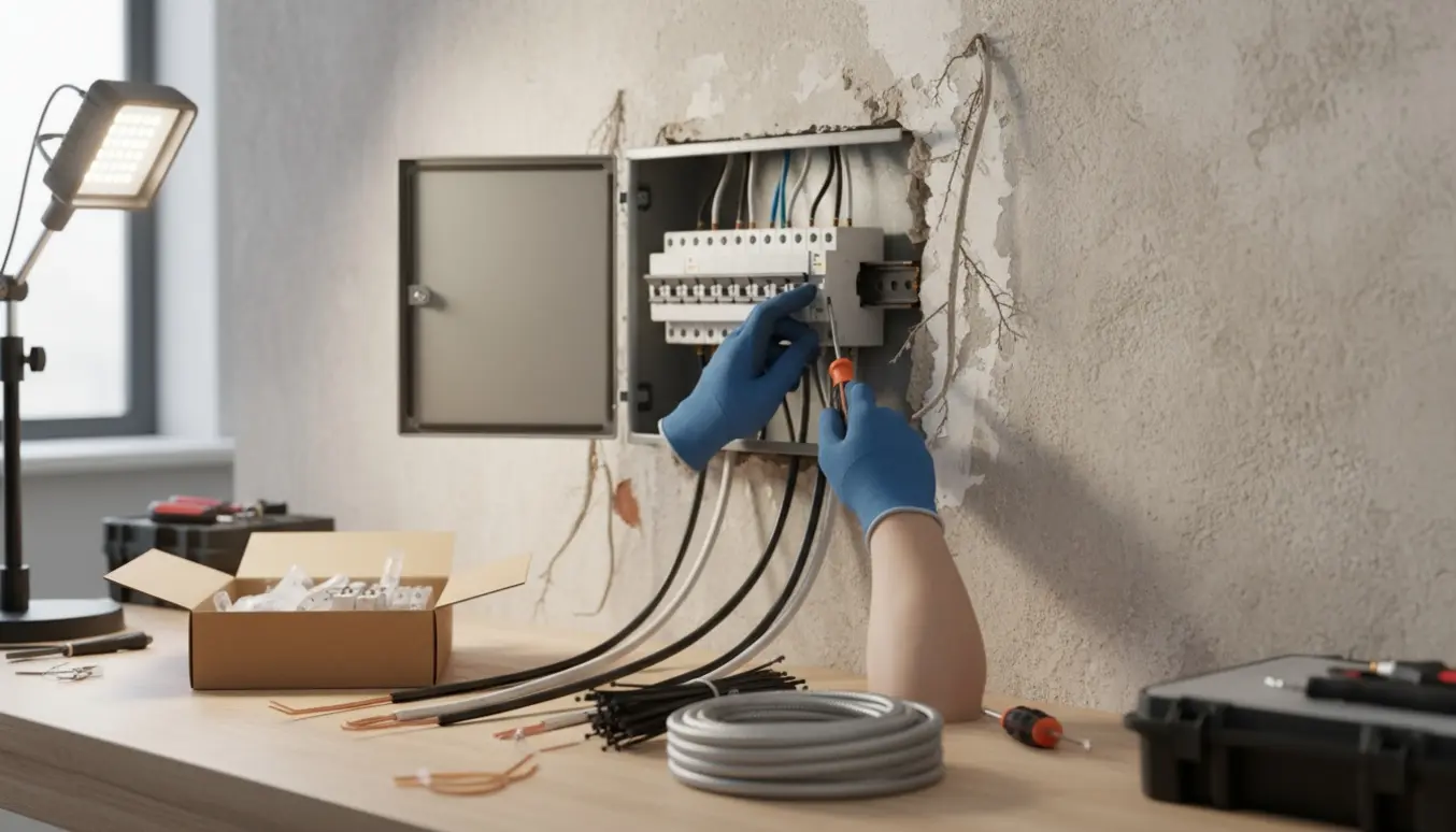 En tekniker med handsker monterer en ny afbryder i et åbent elskab under udskiftning.