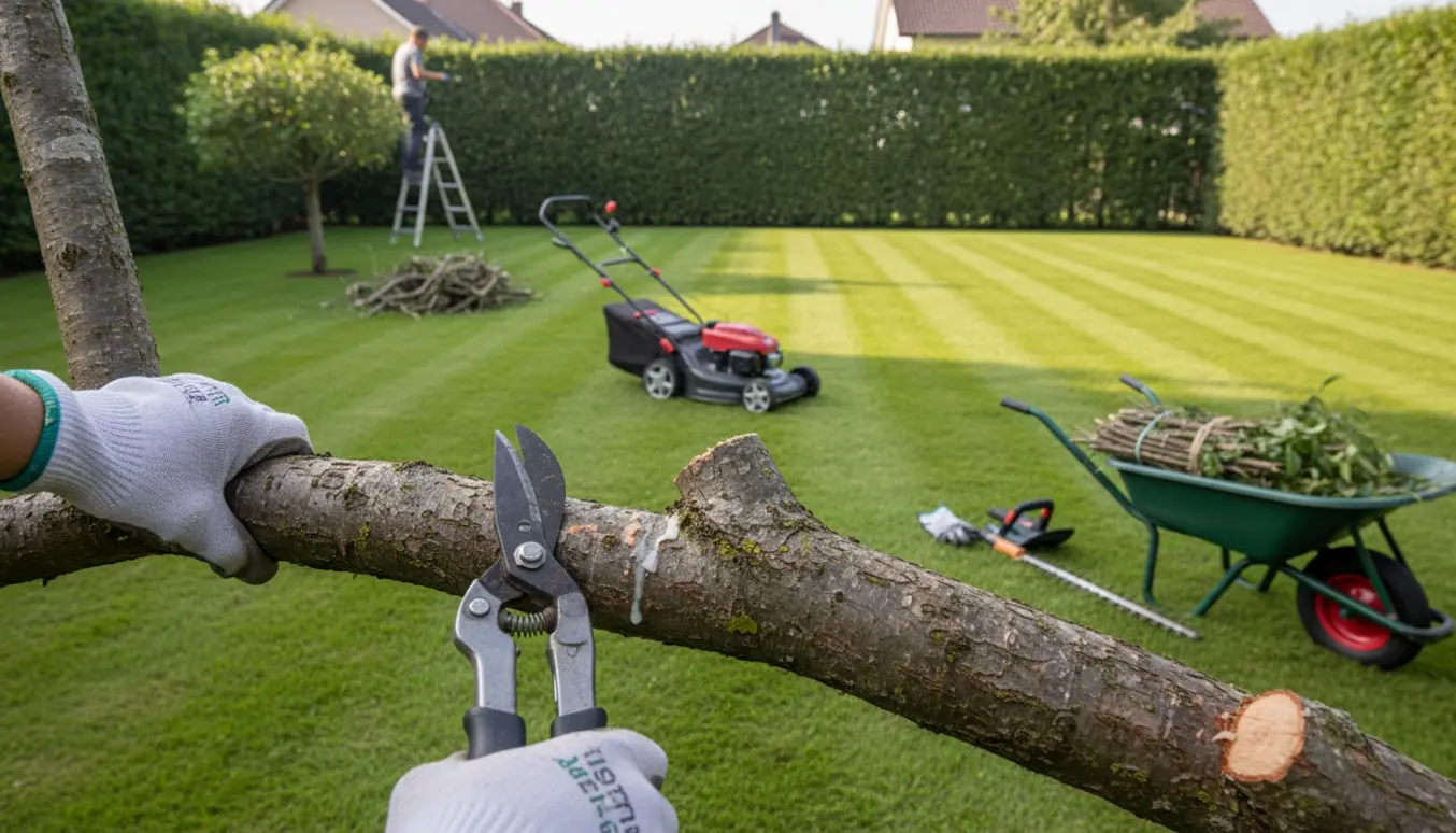 Glovede hænder beskærer en gren foran nyklippet græs, nysnoet hæk og indsamlet grønt affald klar til transport.