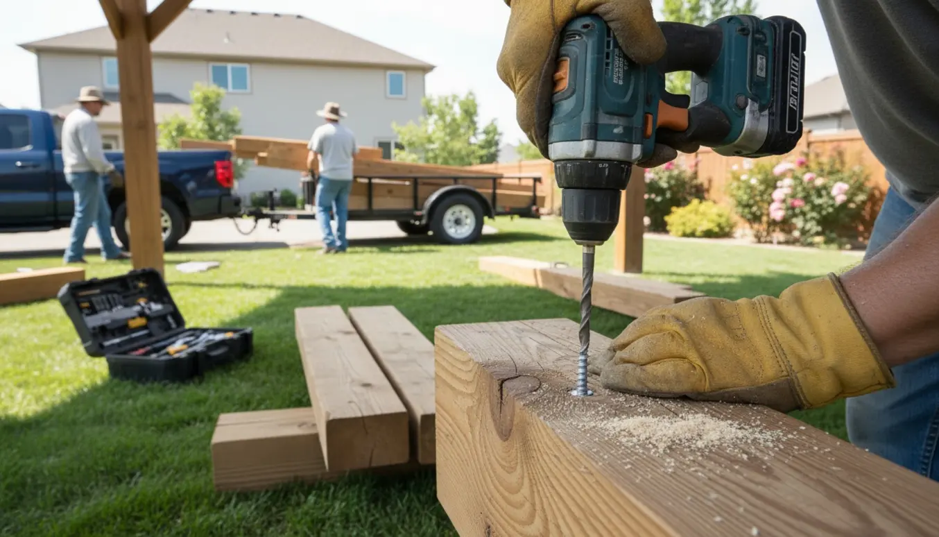 Håndværkere (ansigter ikke synlige) skiller en træpavillon ad med skruemaskine og læsser træ på en åben trailer i en baghave.