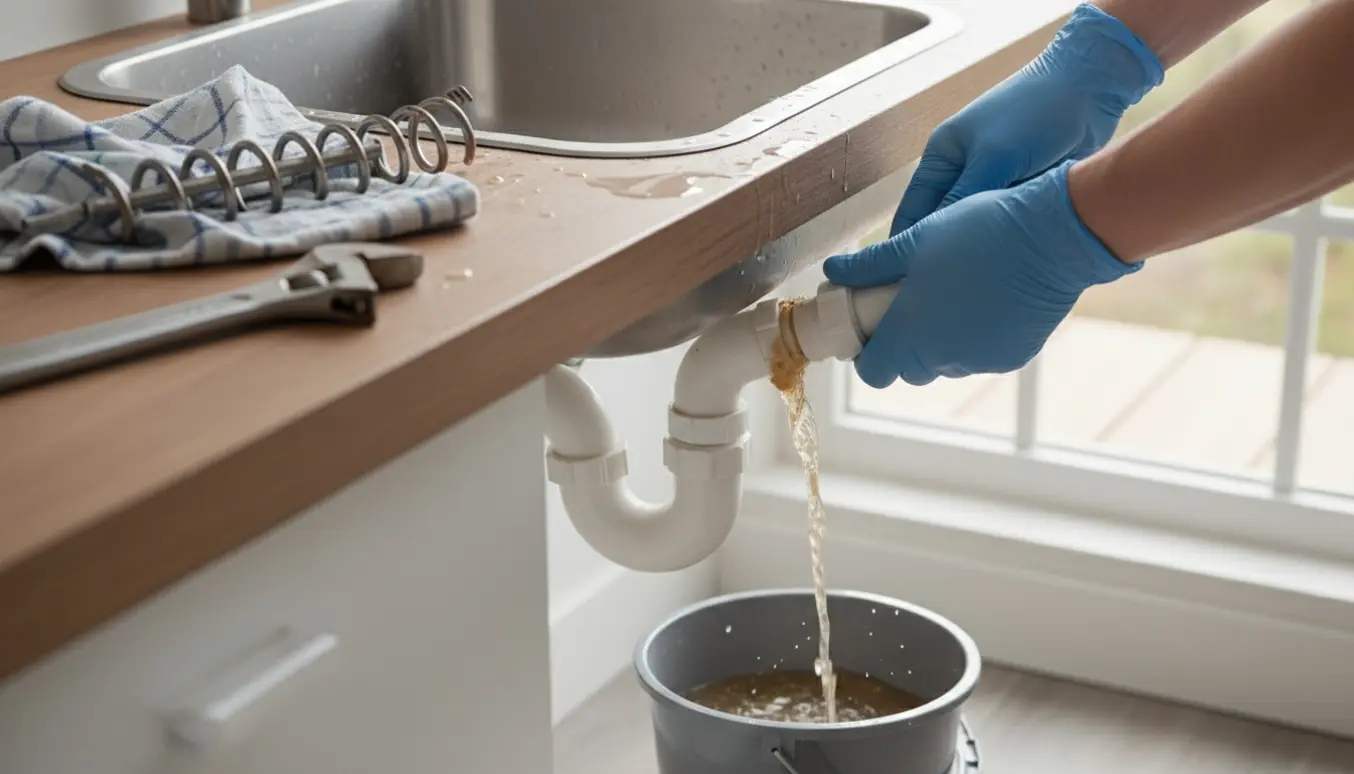 Hænder løsner et hvidt plastikrør under en rostfri køkkenvask, mens snavset vand løber i en spand.