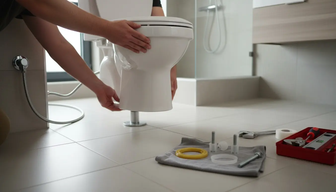 Hænder placerer nyt hvidt toilet over afløbsflangen i et lyst, moderne badeværelse.