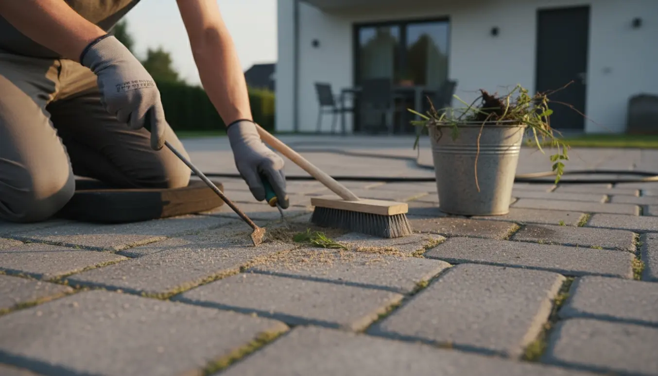 Nærbillede af hænder, der fjerner ukrudt mellem fliser på indkørsel og terrasse med værktøj og spand.