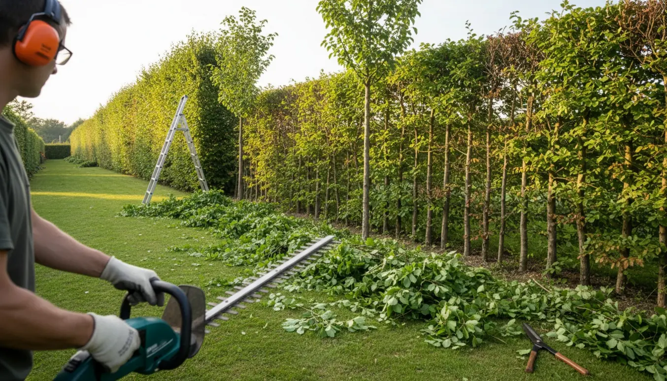 En cirka 40 meter lang bøgehæk bliver trimmet, med friske klip og nogle selvsåede træer i hækken.
