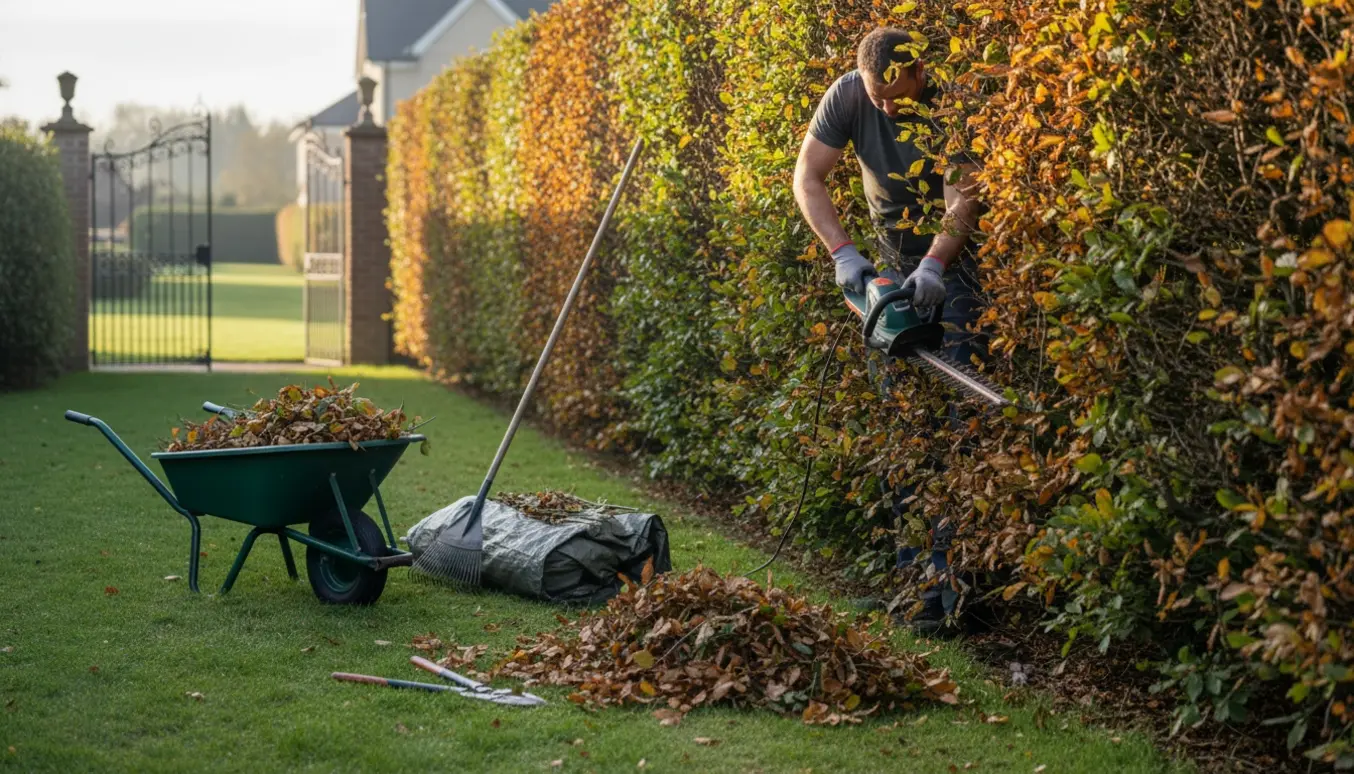 Lang bøgehæk under trimning med handsker, hækkeklipper, trillebør og bunke afklip klar til fjernelse.