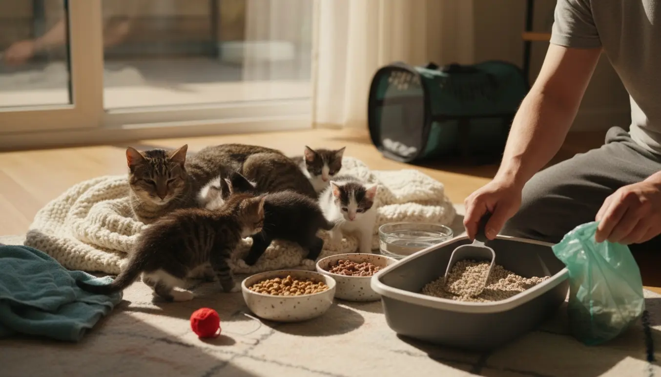 Huskat med fem killinger omkring madskåle, mens hænder renser kattebakken.