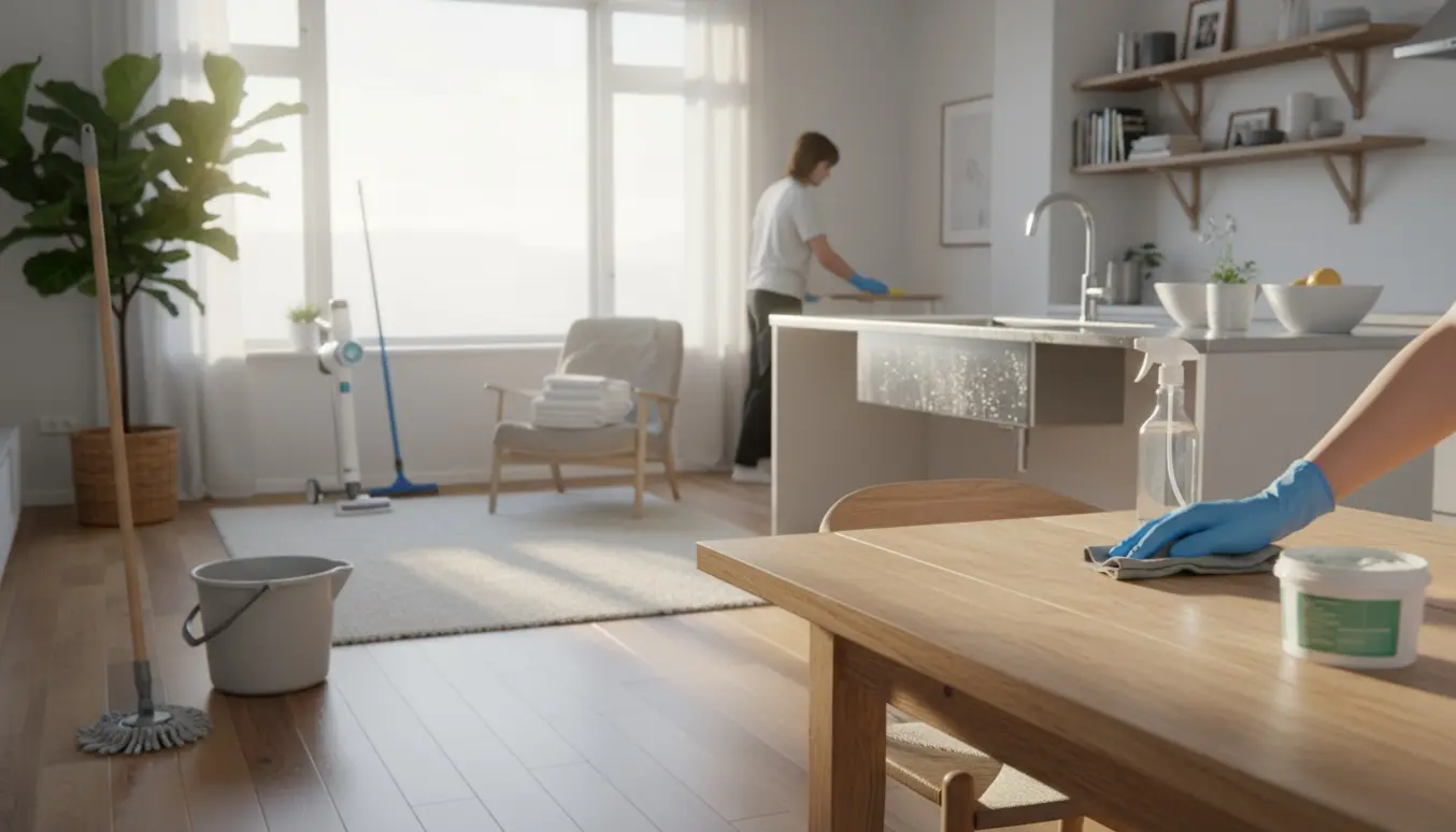 Soloplyst stue og køkken under grundig rengøring med handsker, moppe, støvsuger og skinnende overflader.