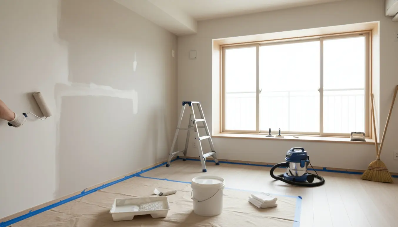 Lyst lejlighedsværelse med malerudstyr, nyligt spartlede vægge og en hånd, der ruller maling på væggen.