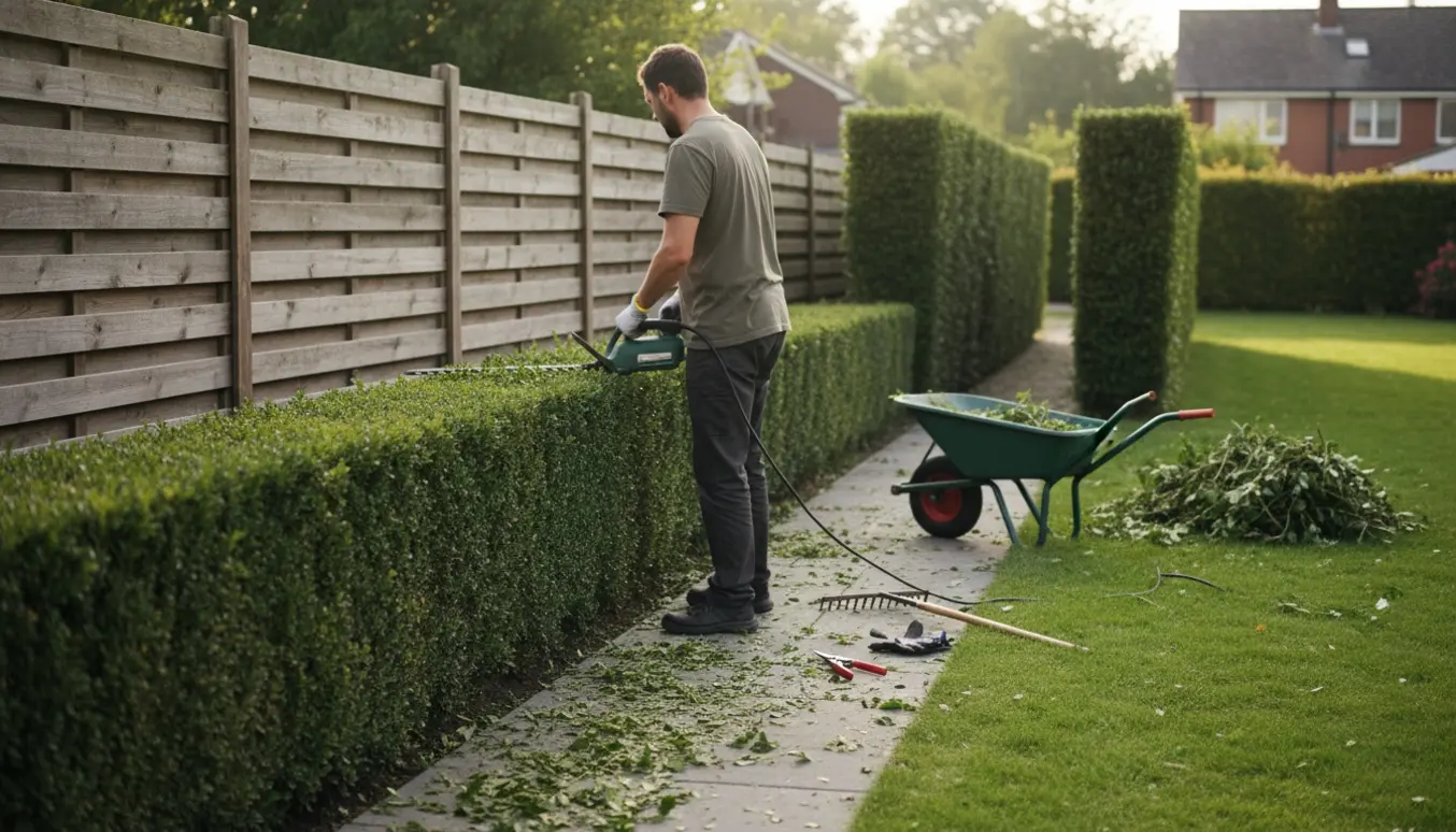 En person trimmer en lav hæk i en have med hækklipper, trillebør fyldt med afklip og redskaber klar til bortkørsel.