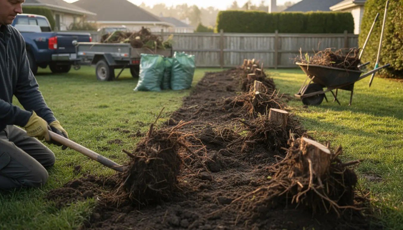 En gammel hæk graves op langs en have, med rodklumper, værktøj og trailer klar til bortkørsel.