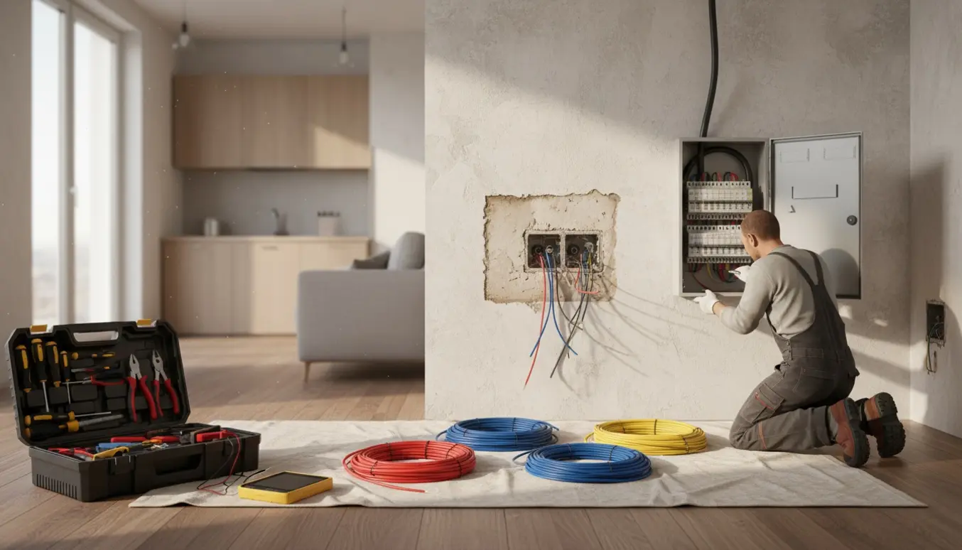 Hyperrealistisk foto af udskiftning af el-installation i en lille lejlighed med eksponerede ledninger og værktøj.