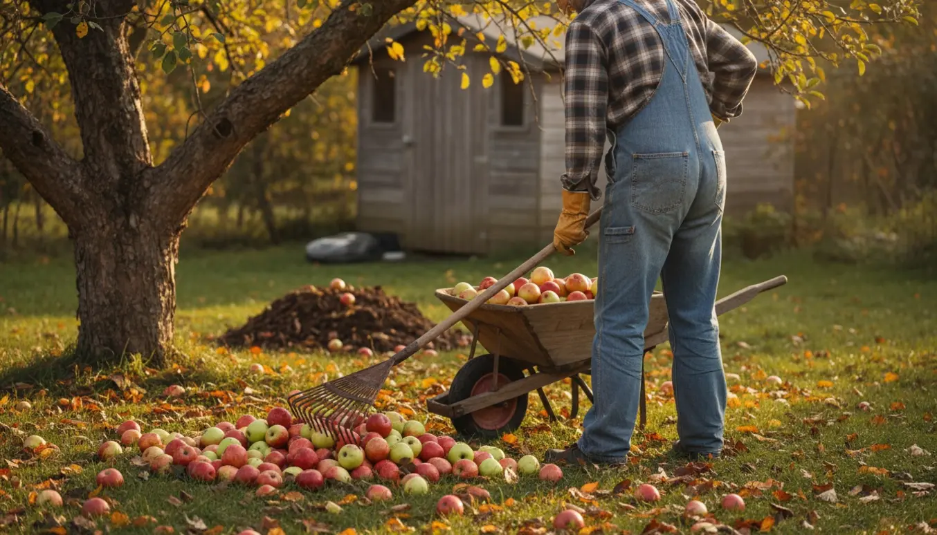 En person rager æbler ind i en trillebør under et gammelt æbletræ med en kompostbunke i baggrunden.