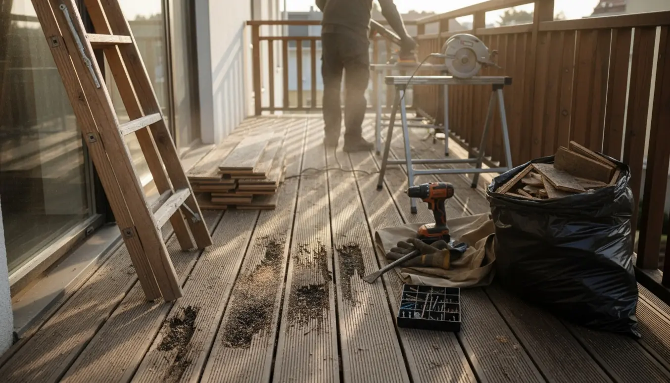 Smal balkon med nedslidte terrassebrædder, en person sliber et bræt med nye brædder og værktøj klar ved siden af.
