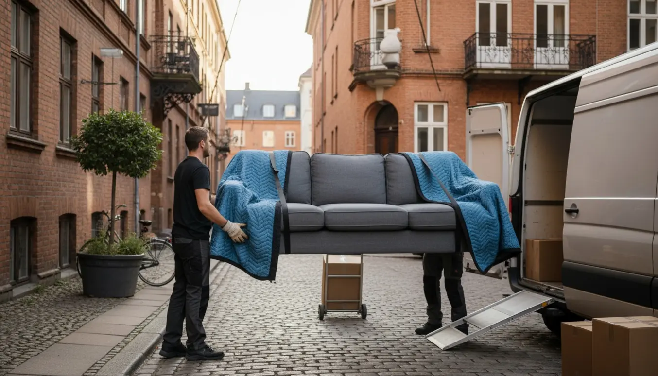 En sofa bliver båret ud af en københavnsk lejlighed og læsset i en flyttebil på en smal brostensgade.