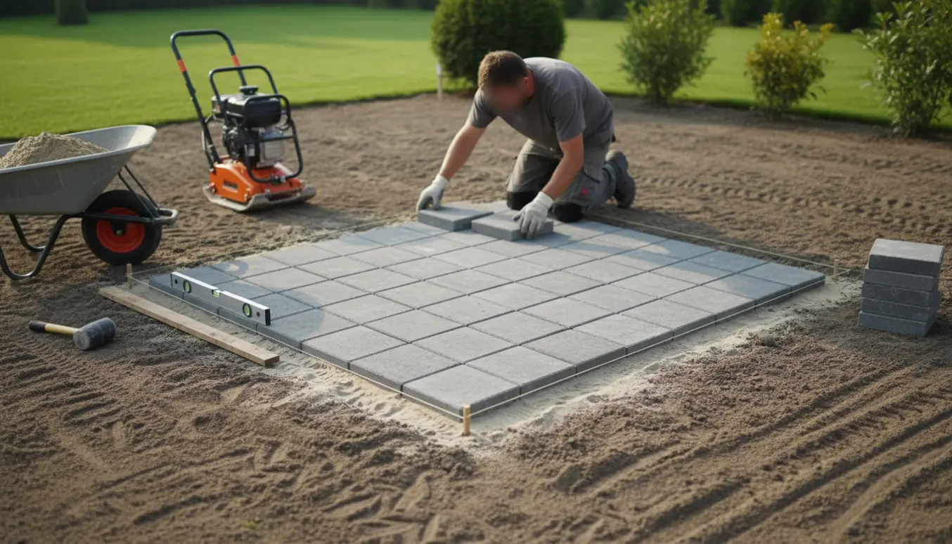 Fliselægning af ca. 4x4 m fundament til haveskur med 40x40 cm fliser og værktøj.