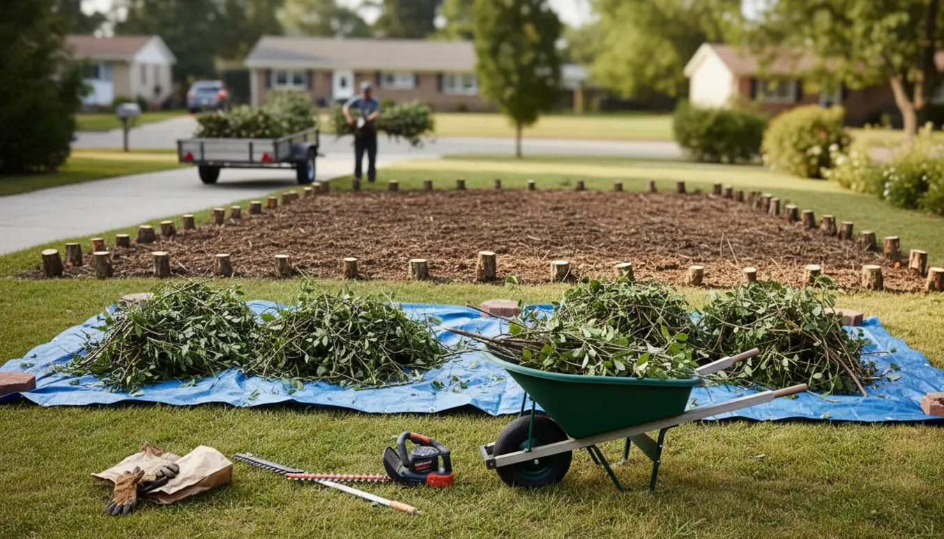 Rydning af blandede buske med afskårne grene i trillebør og bunker klar til bortkørsel.