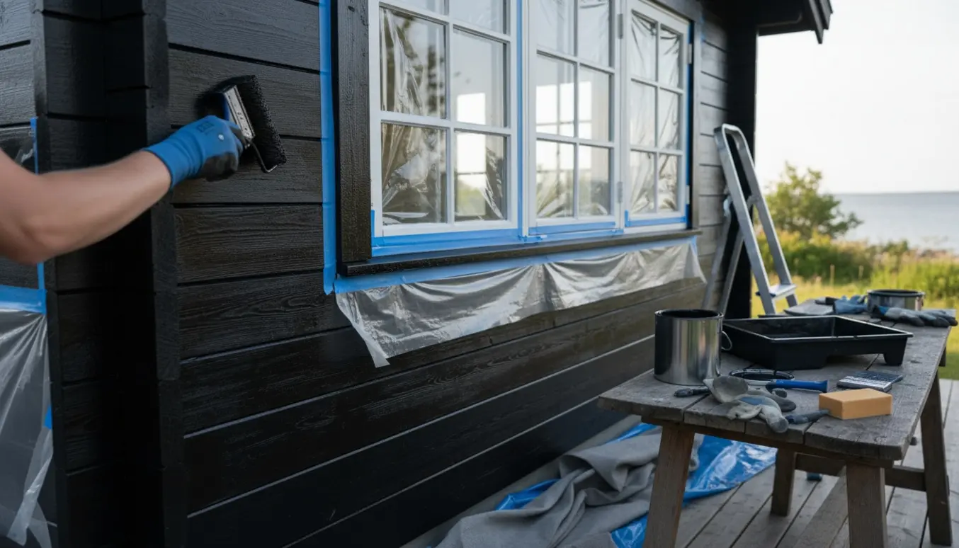 Nærbillede af hands-on maling af et sort træsommerhus med afdækning og beskyttede vinduer.