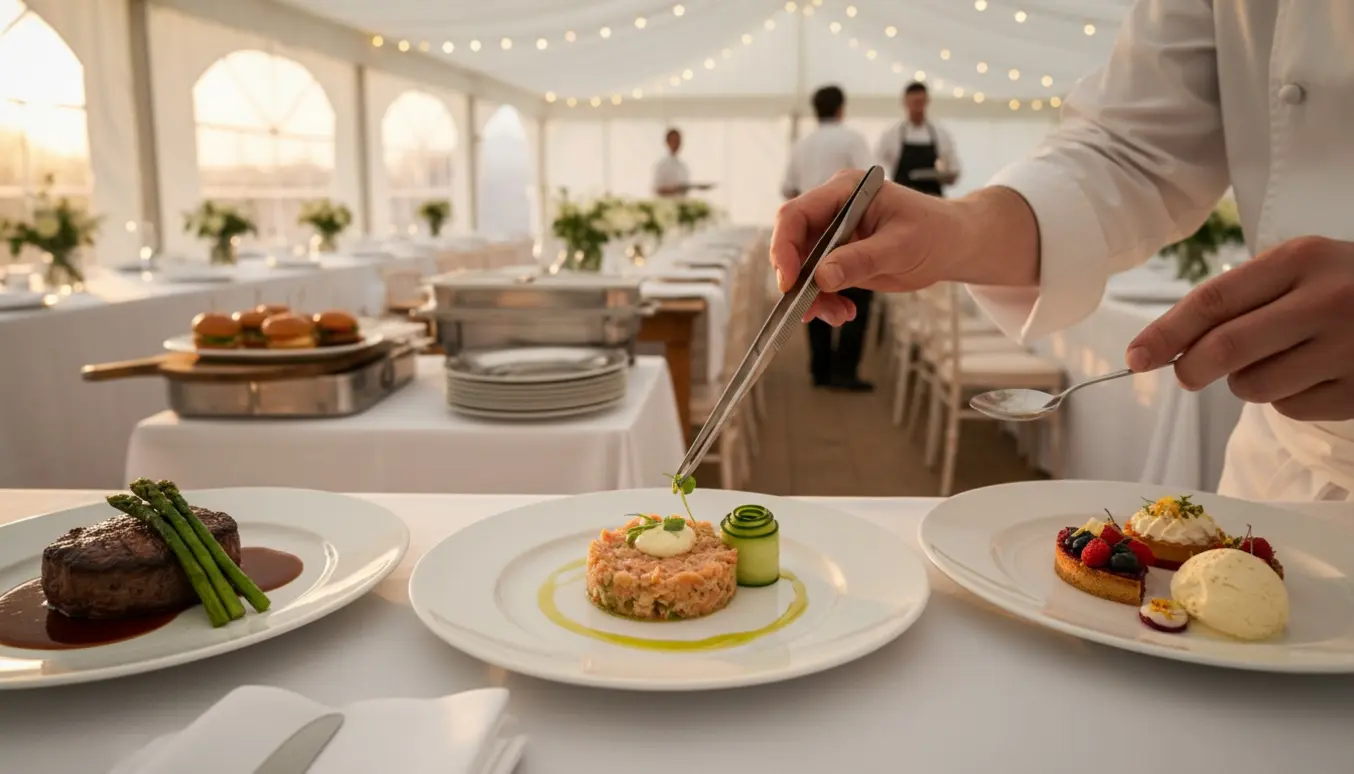 En kok platerer tre retter til et bryllup i et lyst telt, med serveringspersonale i baggrunden.