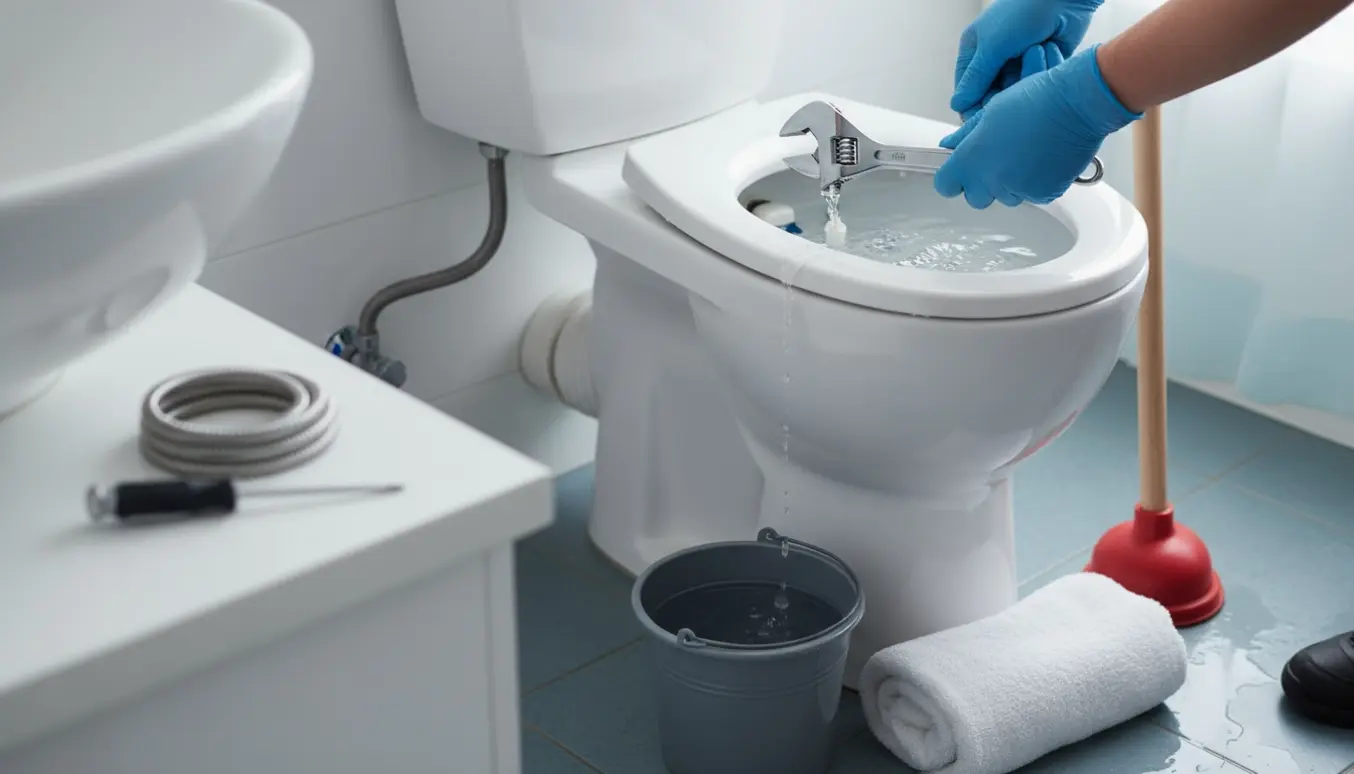 Nærbillede af hænder i handsker, der reparerer en åben toiletcisterne med værktøj og en sugekop ved siden af.