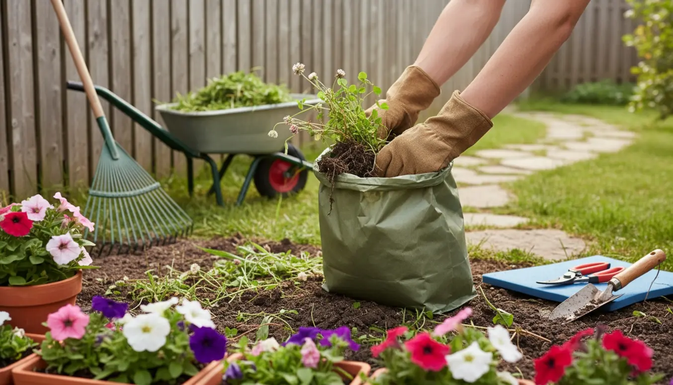Handskerede hænder samler frisk opgravet ukrudt i en pose i en lille have med haveredskaber i baggrunden.