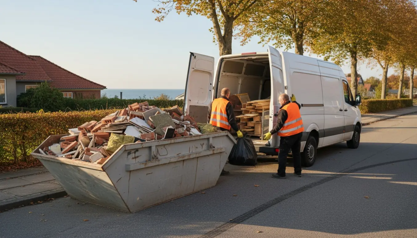 Container og håndværkere læsser byggeaffald i en hvid varevogn ved en kystvej i Risskov.