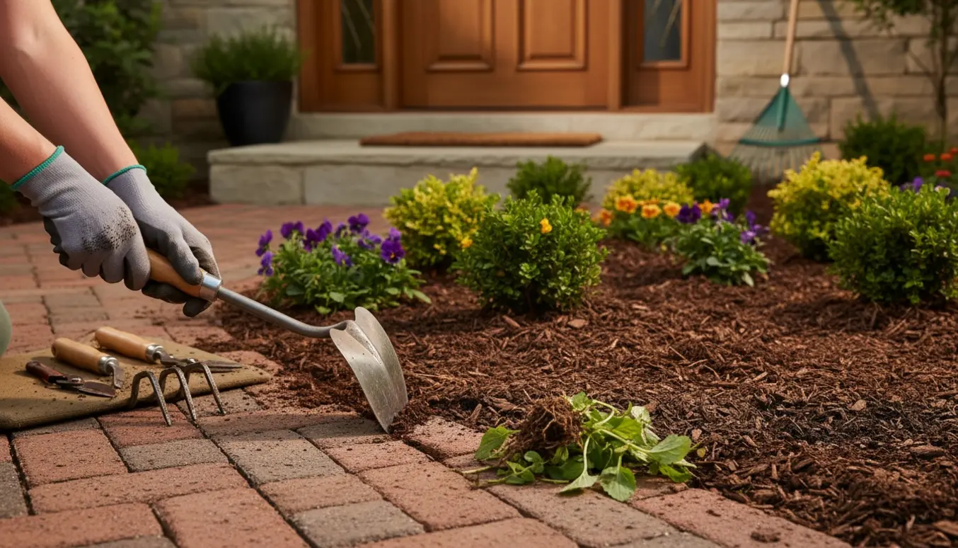 Hænder i handsker skarper kanter og luger et blomsterbed langs indgangen.