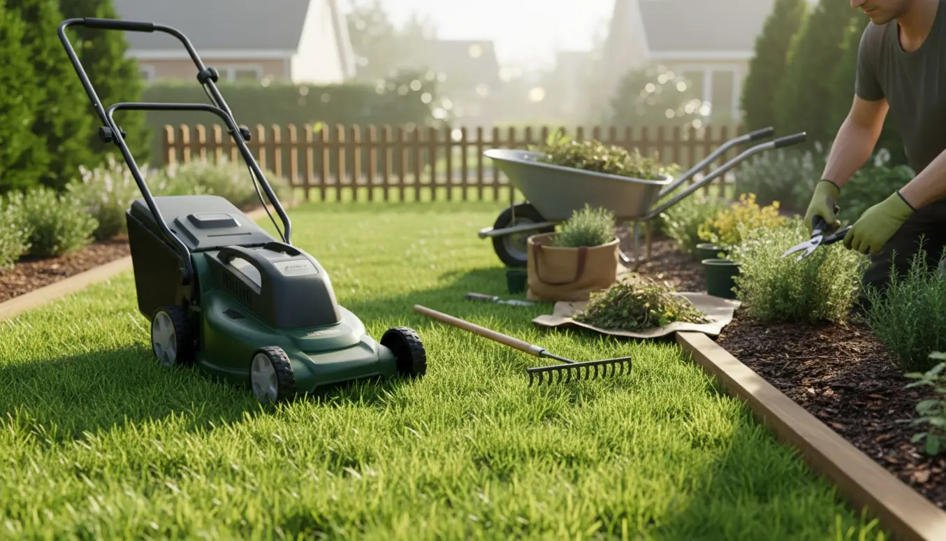 Nyslået græs og rensede bede i en lille forhave, en person ses bagfra med handsker og rive ved bedet.