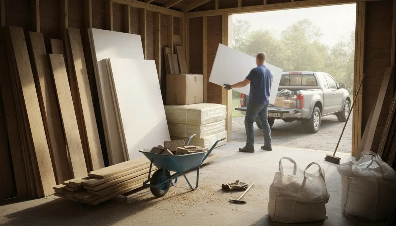 Skur under oprydning med stabler af træ, gipsplader, isolering og en trailer klar til bortkørsel.