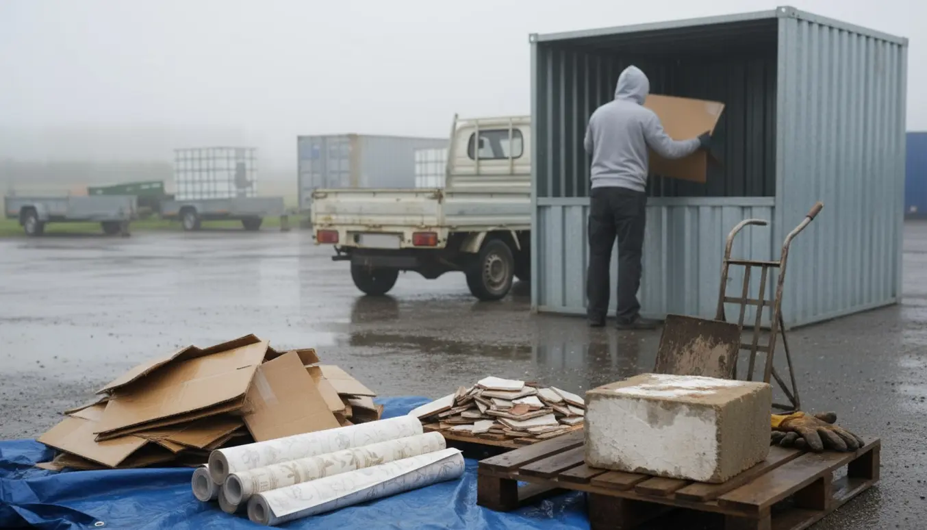 Våd emballage, fliser og et stykke mur læsset fra en varevogn ved en genbrugsplads efter regn.