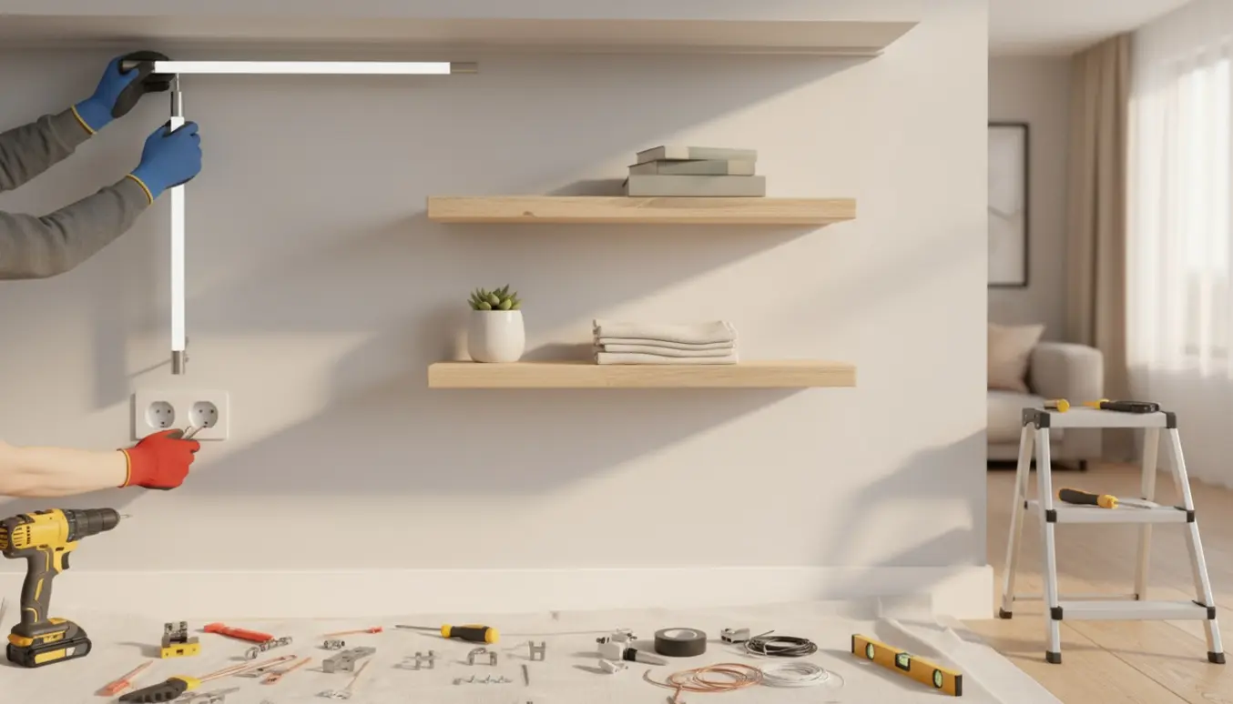 Nærbillede af hænder, der installerer en LED-tube og en stikkontakt ved siden af to nyopsatte væghylder.