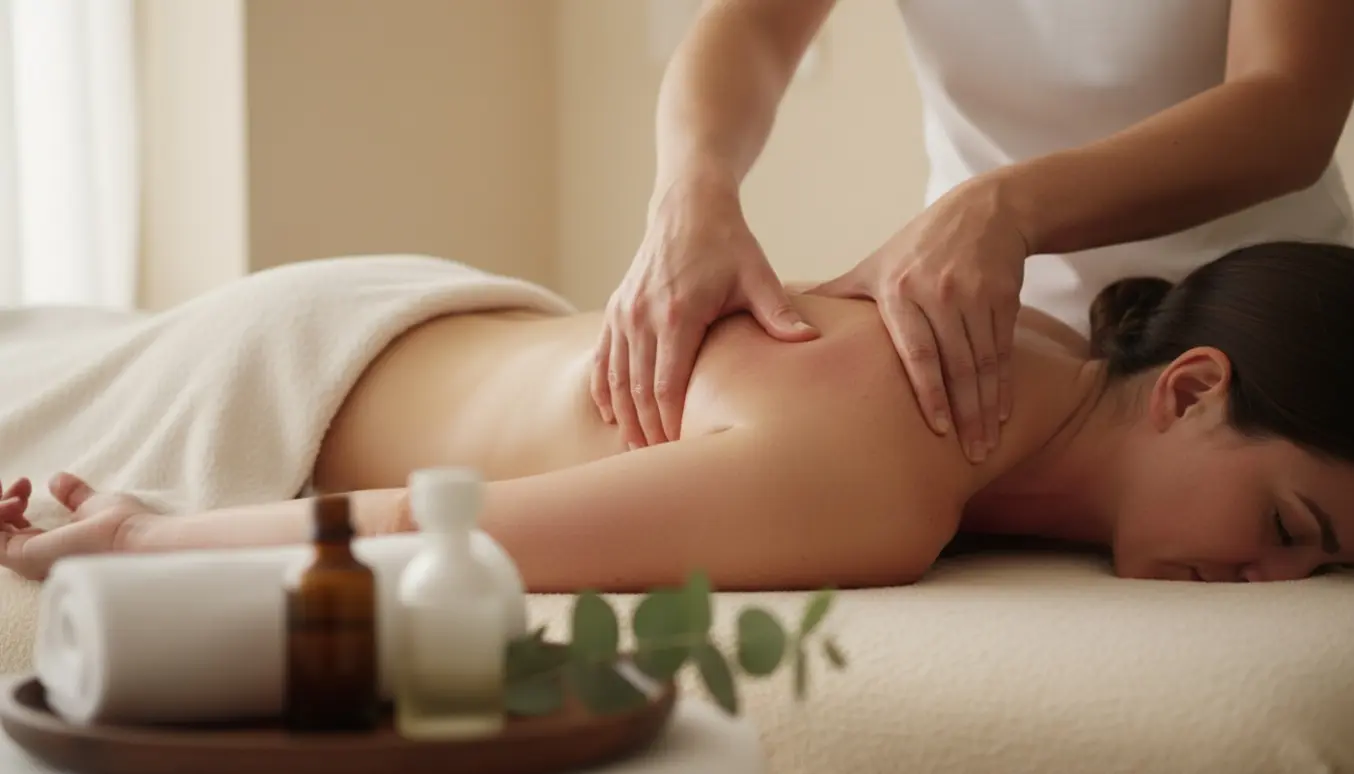 Nærbillede af en massør, der trykker i øvre ryg og skulder for at løsne en fastklemt nerve.