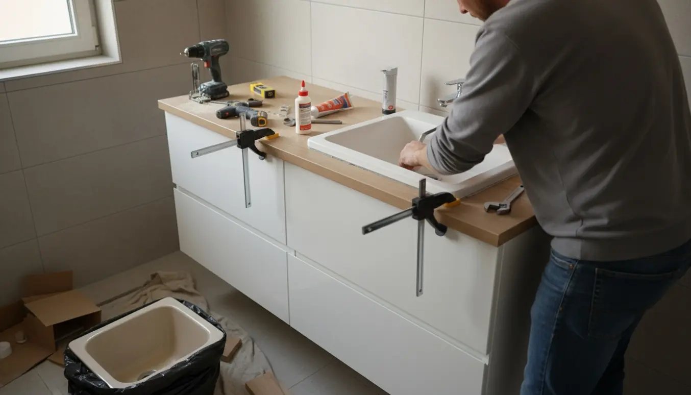 En håndværker monterer en ny hvid håndvask i en lys træbordplade over underskabe med værktøj og affald ved siden af.