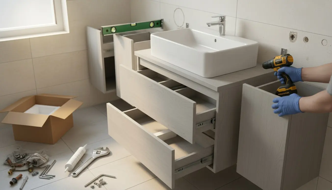 Montering af lysegråt badeværelsesmøbel og vægskab med værktøj og hænder i arbejde.