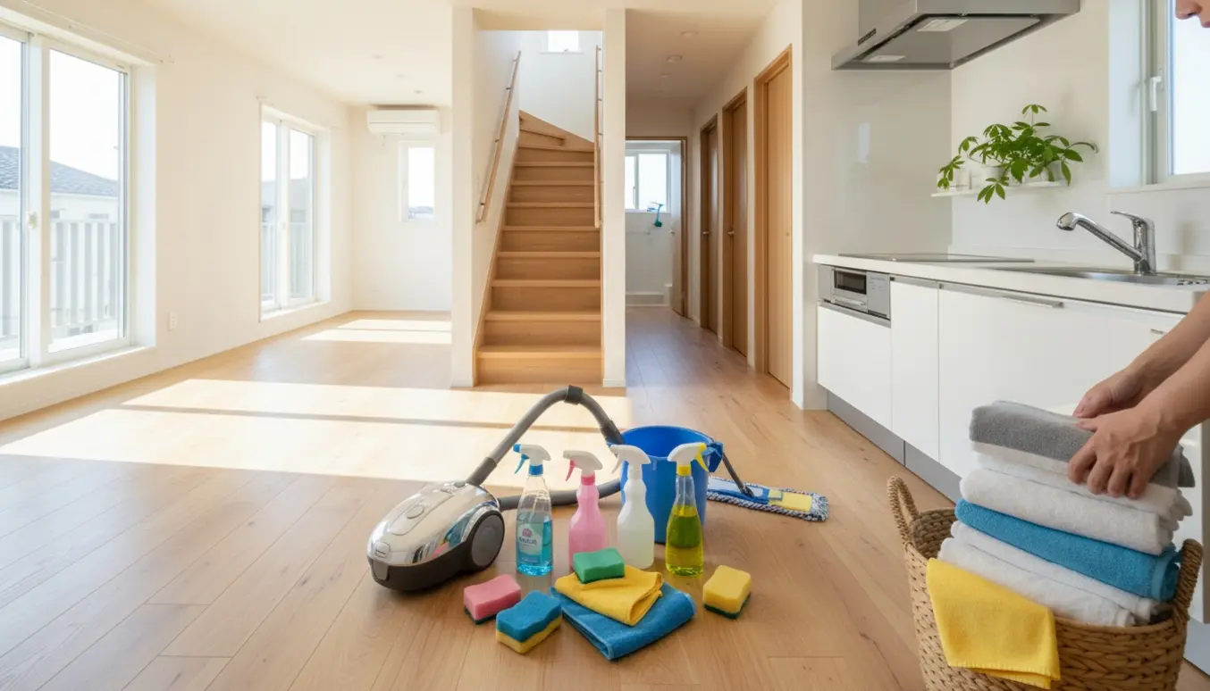 Rengøringsudstyr og hænder i en solfyldt to-etagers lejlighed under rengøring, uden synligt ansigt.