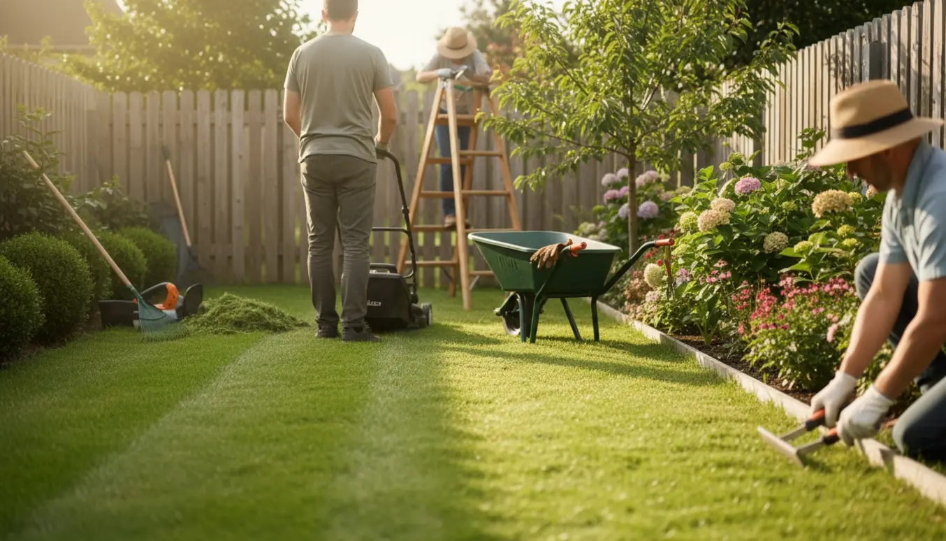 En havemand slår græsset, klipper kanter og beskærer træer i en solopvarmet forhave.