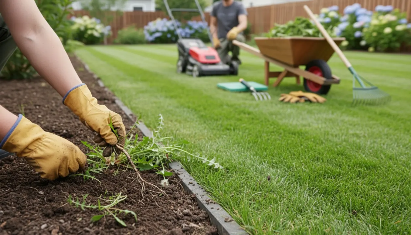 Nærbillede af handskerede hænder, der luger ukrudt ved en nyklippet græsplæne med plæneklipper og haveredskaber i baggrunden.