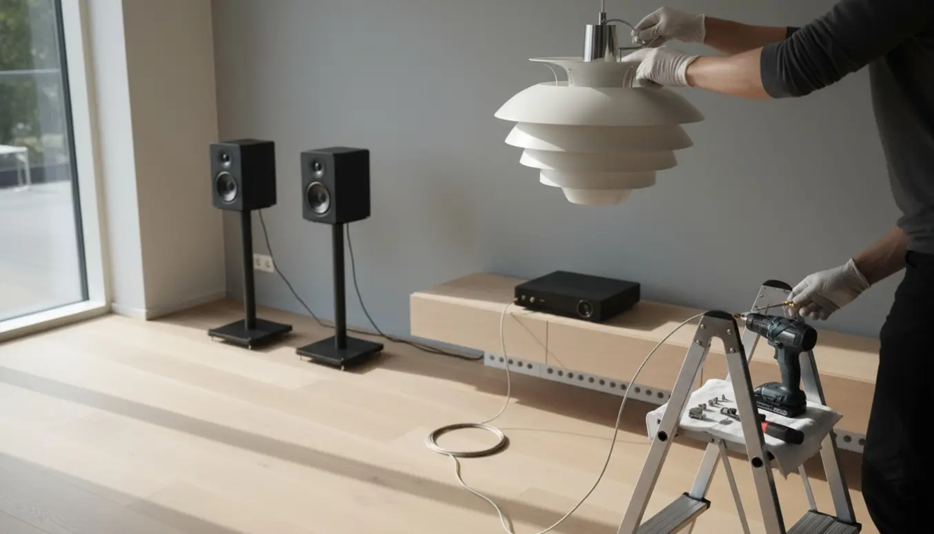 PH-lampe hænger op i en moderne stue, mens to højtalere tilsluttes en BeoLab-enhed.