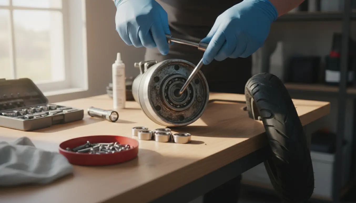 Elektrisk løbehjul på værksted med frontmotor adskilt, nye lejer og et nyt bagdæk ved siden af.