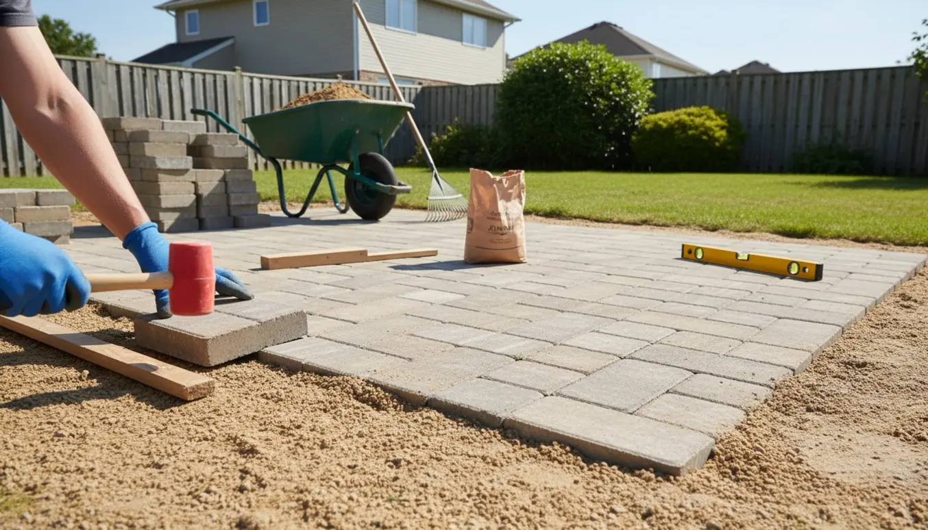 Hænder placerer en flise på udjævnet sand i en have med trillebør, skovl og bunker af fliser i baggrunden.