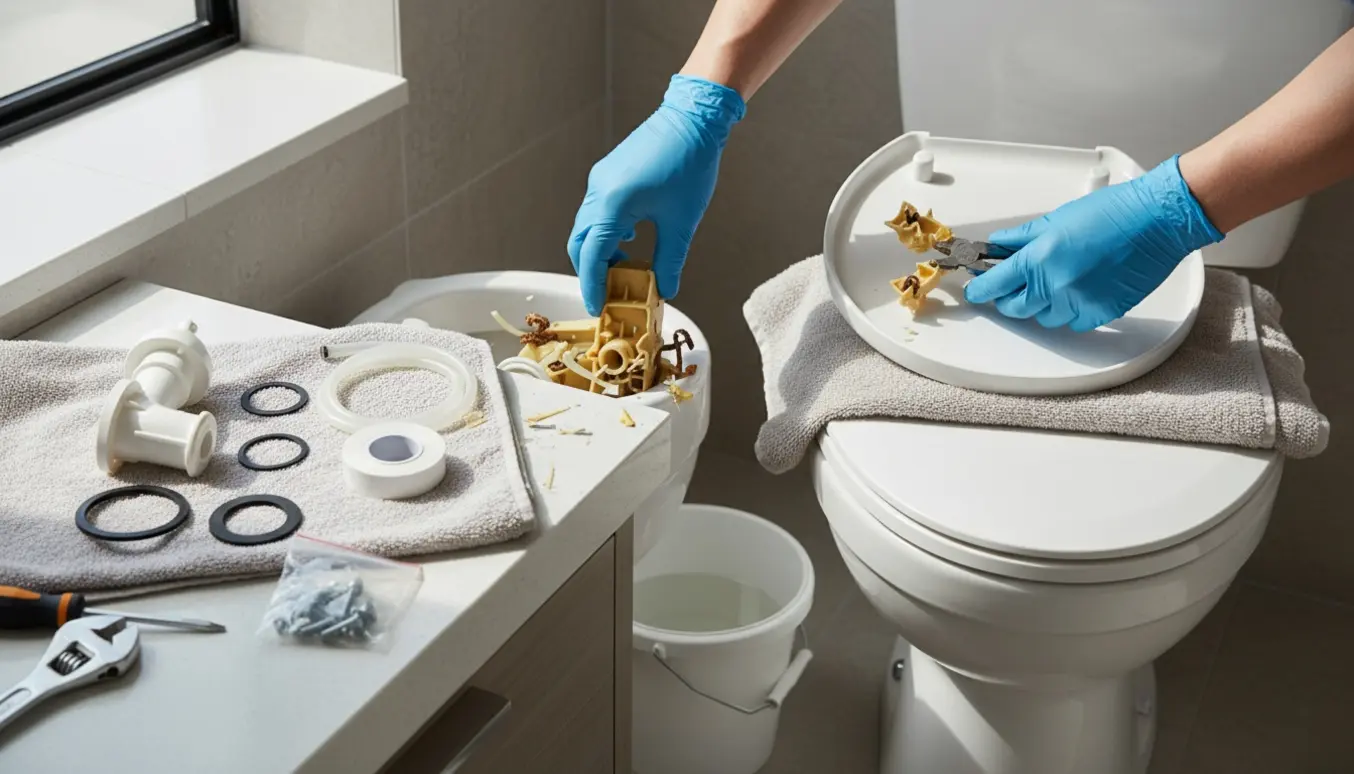 Åben toilettank med ødelagt plast-skyllemekanisme, reservedele og værktøj klar til udskiftning.