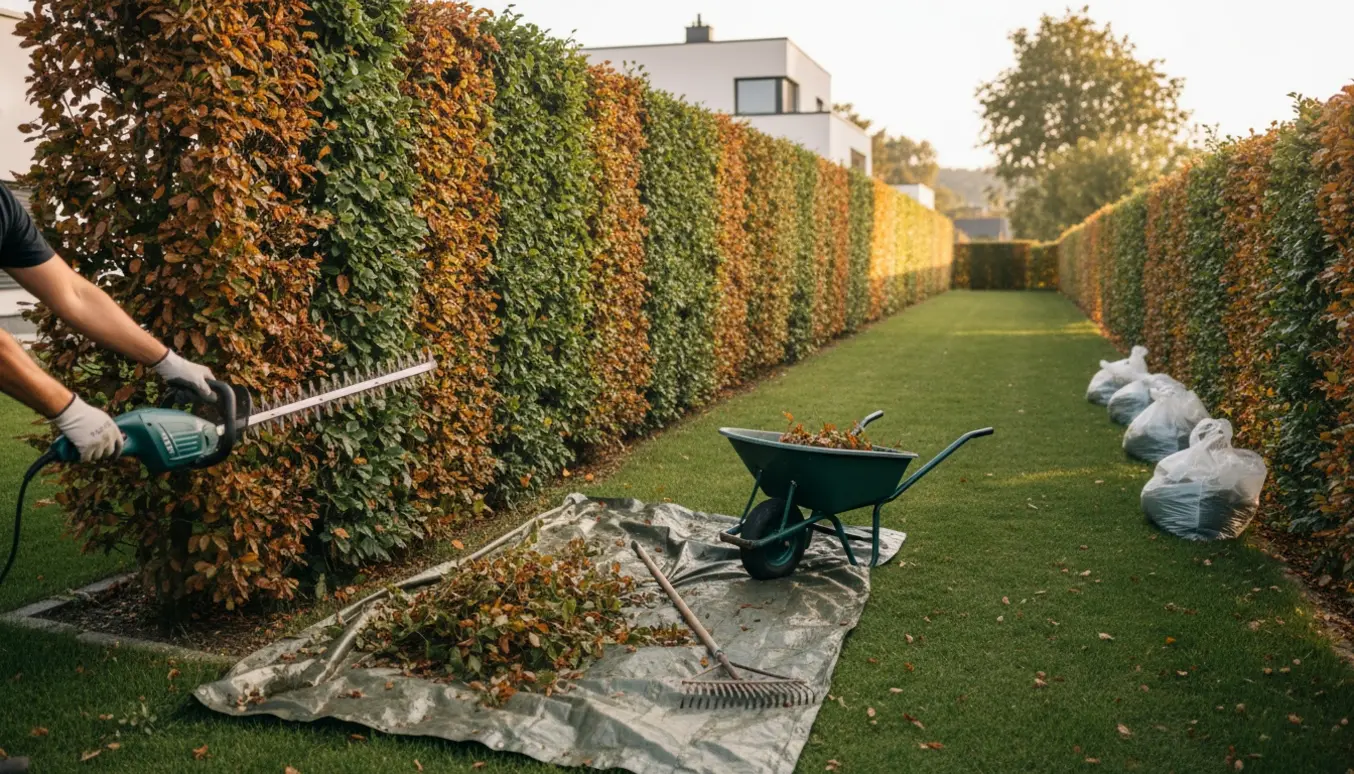 Dobbeltsidet bøgehæk på ca. 2 m høj, hvor hækkeklipper bruges og afklip samles til bortkørsel.