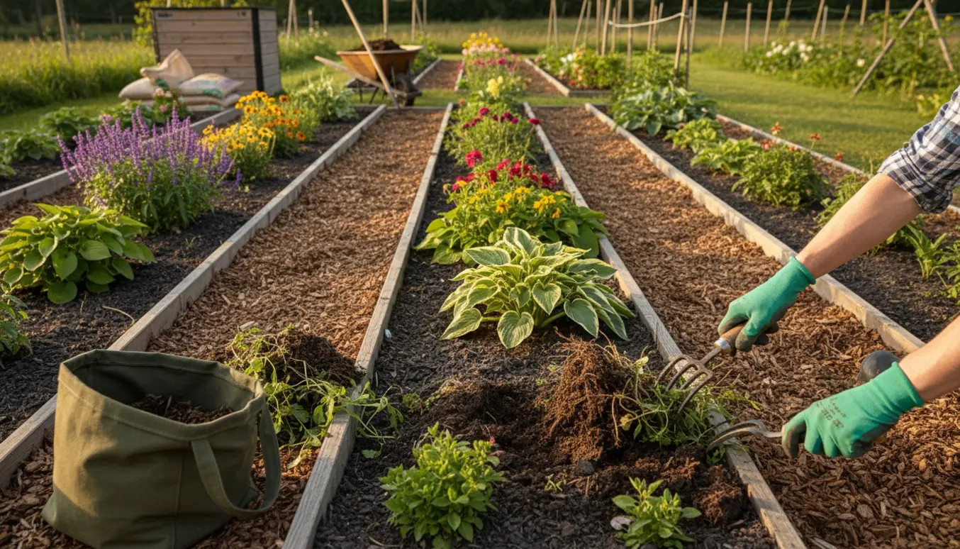 Nærbillede af havearbejde ved fire lange, ryddede blomsterbede med handværktøj og bunker af trukket ukrudt i blødt dagslys.